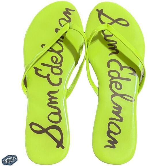 Sam Edelman Neon Yellow Flip Flop Sandals Thong Flat Slides Size 10 Bold Logo - Picture 4 of 11
